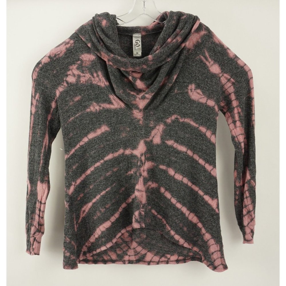 New GO COUTURE Women's Sz M Gray Pink Brushed Knit Rayon Cowl Neck Tunic Sweater